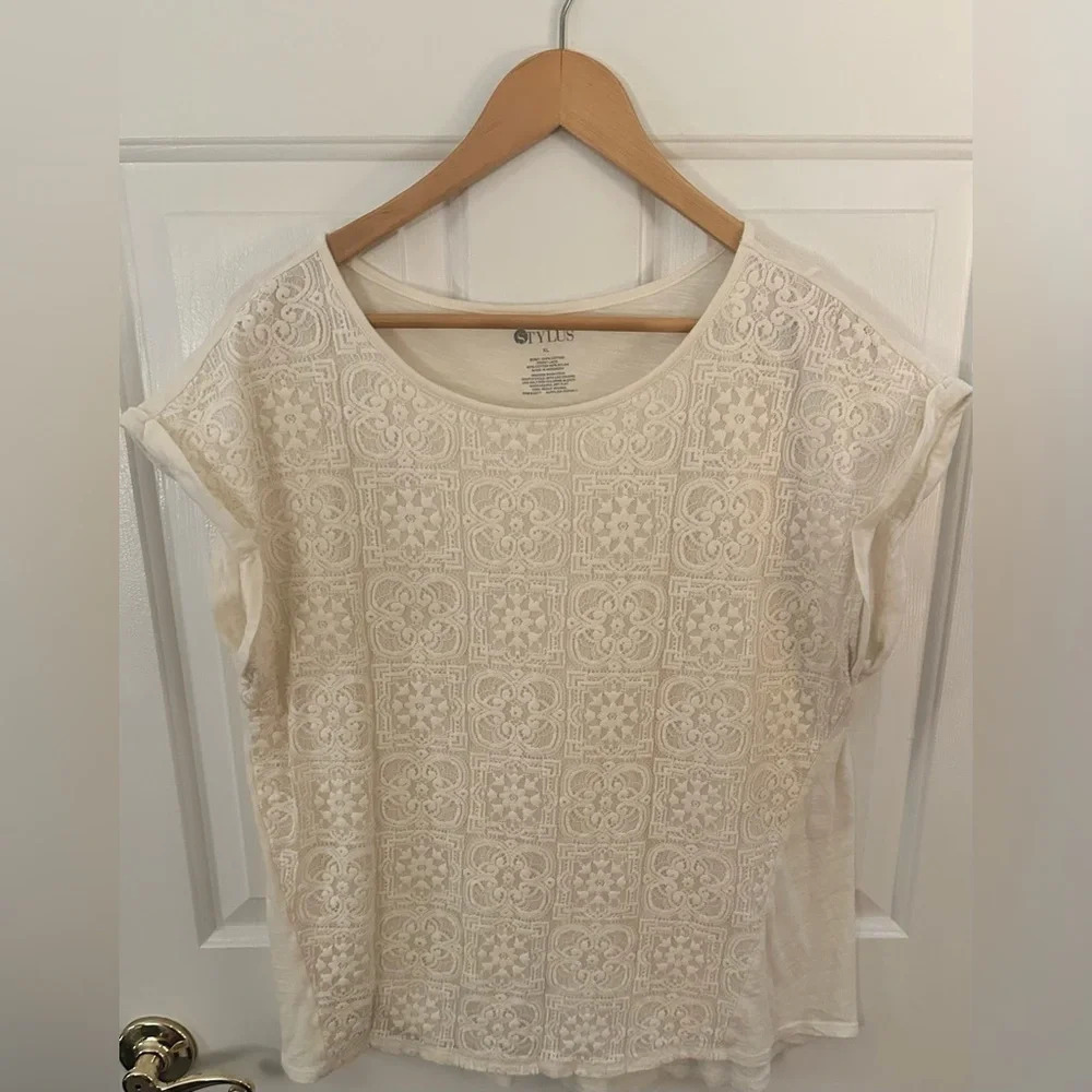 Women’s Stylus Cotton Lace Short Sleeve Shirt Size XL